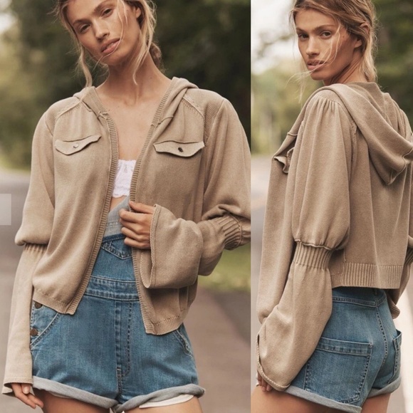 Anthropologie Sweaters - Anthropologie Pilcro Bell Sleeve Open Front Hood Sweater Band Sleeve Tan XL
